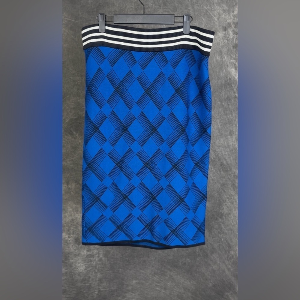 7th Avenue New York & Company Knit Midi Skirt Blue Black Diamond Pattern Size XL